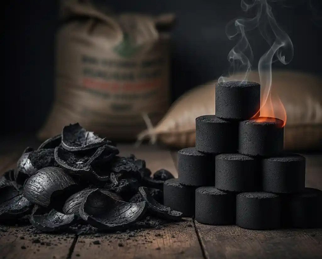 coconut shell briquette and adhesive mixture