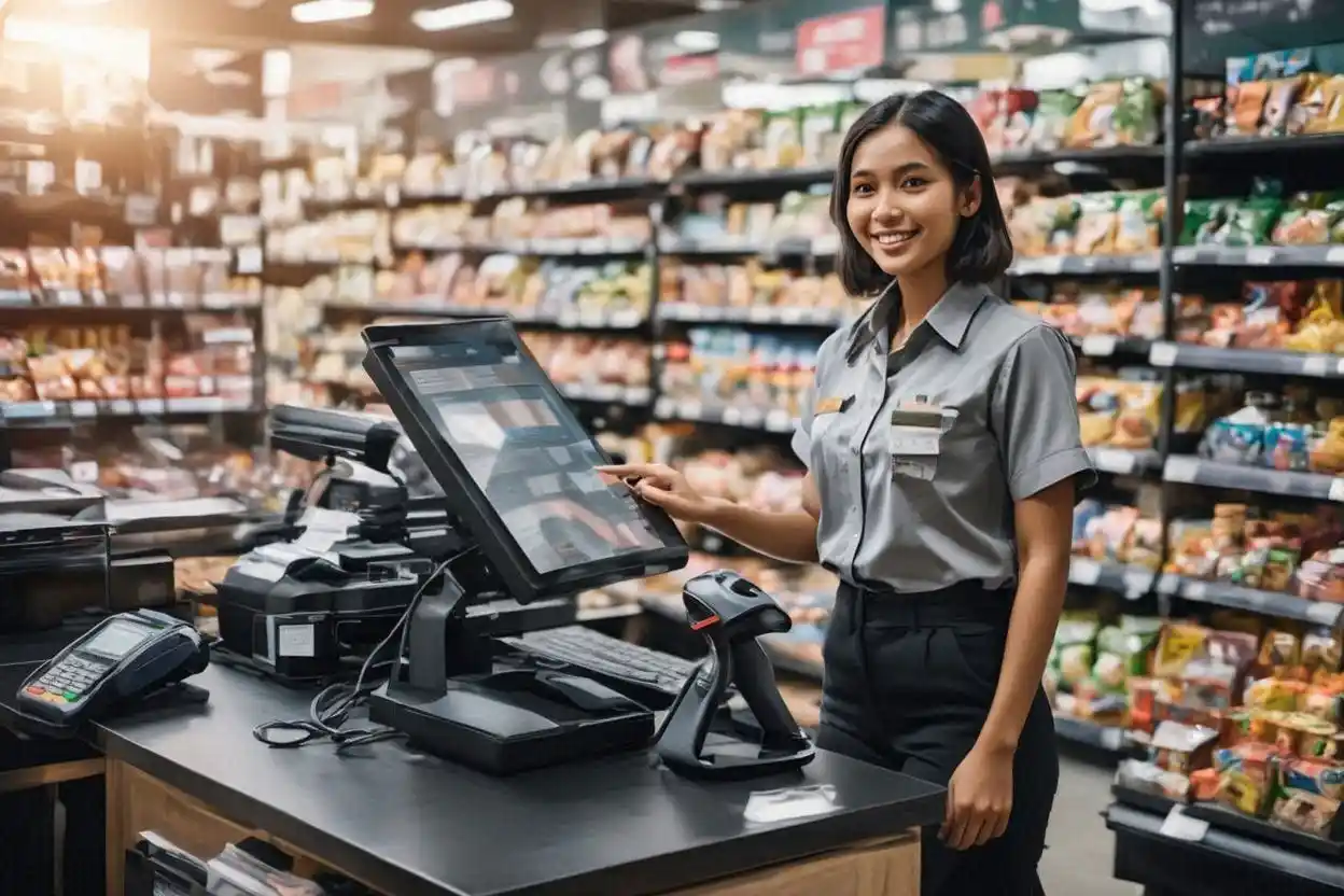 Staf kasir mengoperasikan sistem POS sebagai bagian dari manajemen operasional kasir modern