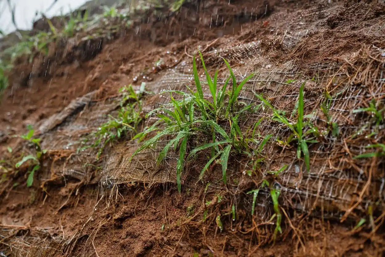 Jaring cocomesh terpasang di lereng tanah berlumpur dengan tanaman hijau tumbuh menembus seratnya
